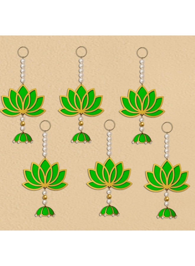 BENAVJI BENAVJI Handmade MDF Wood Lotus Hangings Jhumki Style for Home Wall Decor Diwali Ganpati Navratri Wedding Mandir Pooja Rooms Event Backdrops All Festival Decorations Green Color Lotus Pack of 6  - Image 2