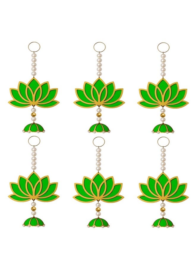BENAVJI BENAVJI Handmade MDF Wood Lotus Hangings Jhumki Style for Home Wall Decor Diwali Ganpati Navratri Wedding Mandir Pooja Rooms Event Backdrops All Festival Decorations Green Color Lotus Pack of 6  - Image 4