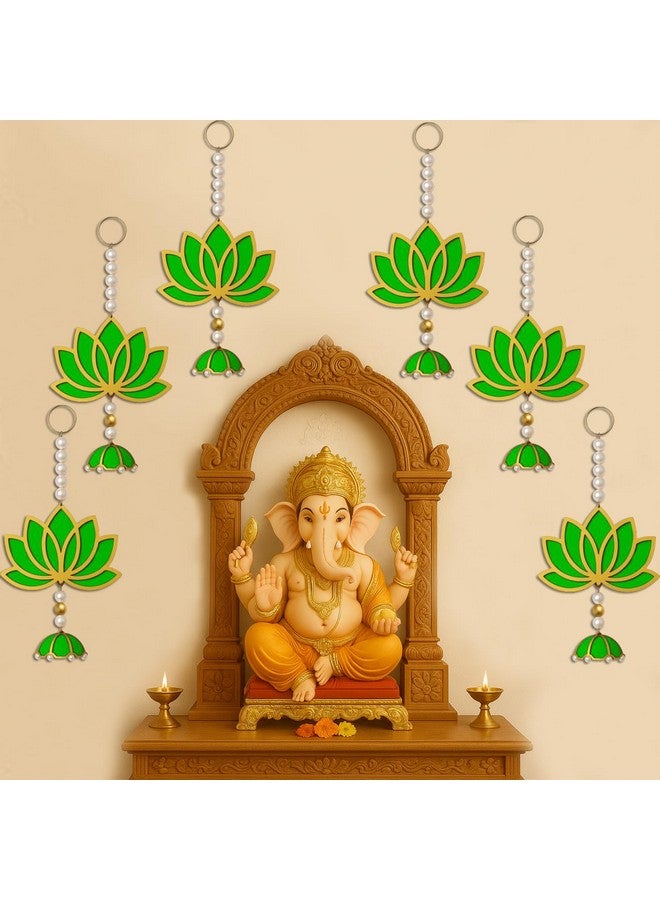 BENAVJI BENAVJI Handmade MDF Wood Lotus Hangings Jhumki Style for Home Wall Decor Diwali Ganpati Navratri Wedding Mandir Pooja Rooms Event Backdrops All Festival Decorations Green Color Lotus Pack of 6  - Image 1