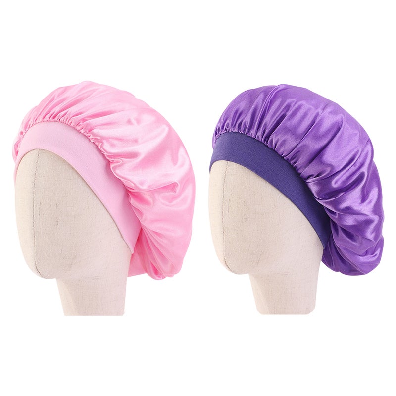 2pcs Delicate Kids Nightcaps Elastic Sleeping Caps Hair Protection Cowls Wide Rim Hat Hair Accessories for Home Travel Trip (Purple, Pink) - Image 1