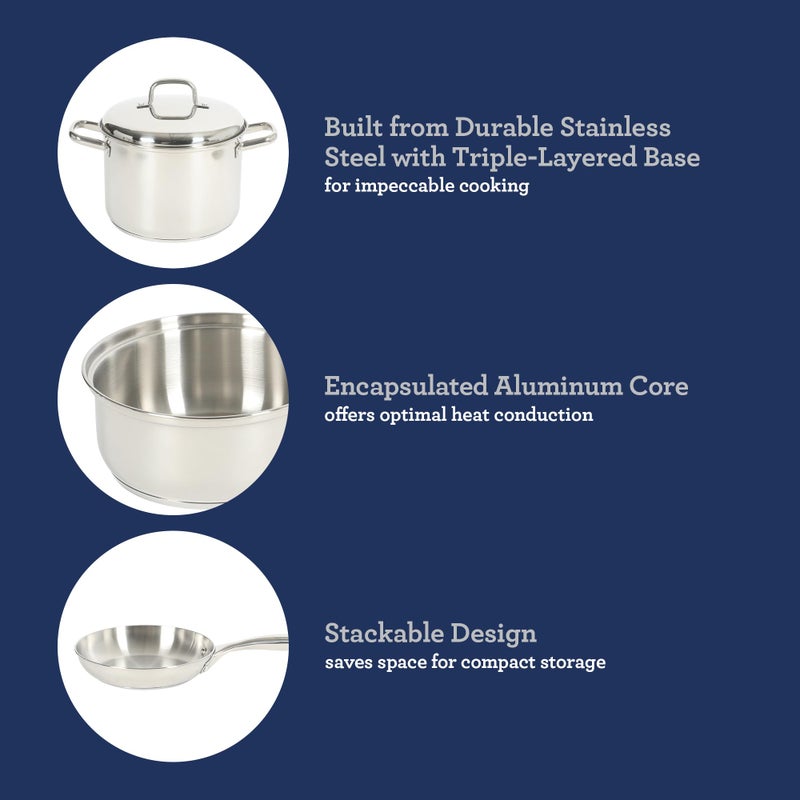 Oster Platinum Sedwick Stackable Stainless Steel Pots and Pans Cookware Set W/Domed Stainless Steel Lids W/TriPly Encapsulated Base - Induction Safe - Image 5