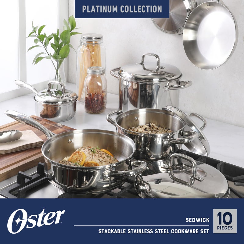 Oster Platinum Sedwick Stackable Stainless Steel Pots and Pans Cookware Set W/Domed Stainless Steel Lids W/TriPly Encapsulated Base - Induction Safe - Image 2