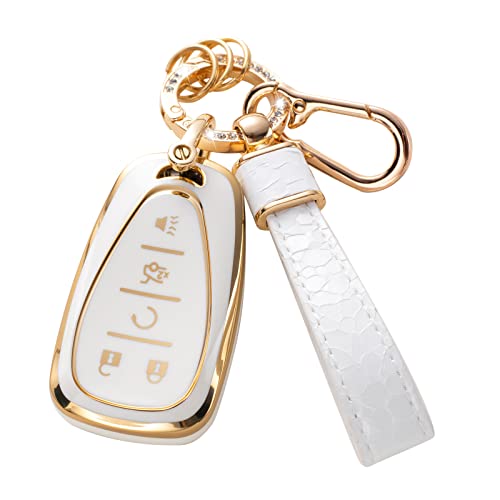 CACARLIKE for Chevy Key Fob Cover with Keychain Car Key Fob Case Compatible with Chevy Malibu Equinox Traverse Camaro Cruze Blazer Volt Bolt 5 Buttons Smart Key Protector Holder - Image 1