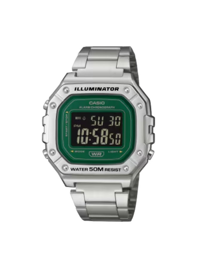 كاسيو W-218HD-3AVDF ساعة رجالية رقمية – وجه أخضر , سوار ستانلس ستيل فضي , إضاءة LED , مقاومة للماء 50م , بطارية 7 سنوات , ستوب ووتش , منبه