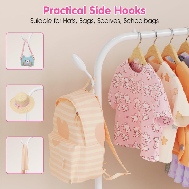FLOUREE Upgraded Kids Clothing Rack - Dress Up Clothes Rack Baby Toddler Montessori Wardrobe- Small Portable Garment Racks with Storage Shelf and Hooks - for Costumes, Princess Dresses & Shoes, White - Image 4