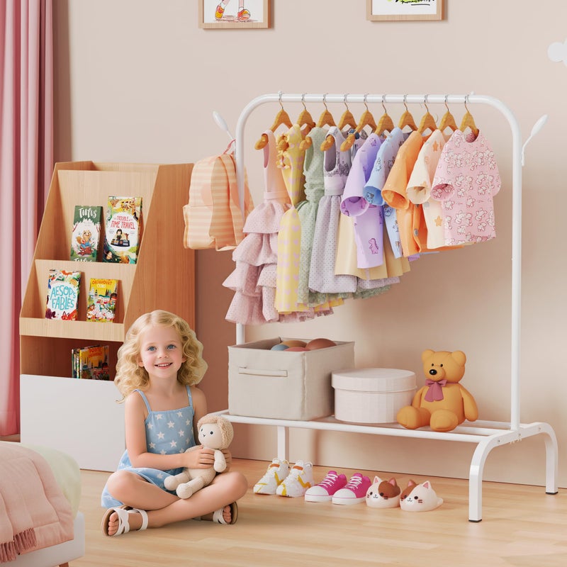 FLOUREE Upgraded Kids Clothing Rack - Dress Up Clothes Rack Baby Toddler Montessori Wardrobe- Small Portable Garment Racks with Storage Shelf and Hooks - for Costumes, Princess Dresses & Shoes, White - Image 2