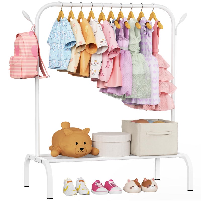 FLOUREE Upgraded Kids Clothing Rack - Dress Up Clothes Rack Baby Toddler Montessori Wardrobe- Small Portable Garment Racks with Storage Shelf and Hooks - for Costumes, Princess Dresses & Shoes, White - Image 1