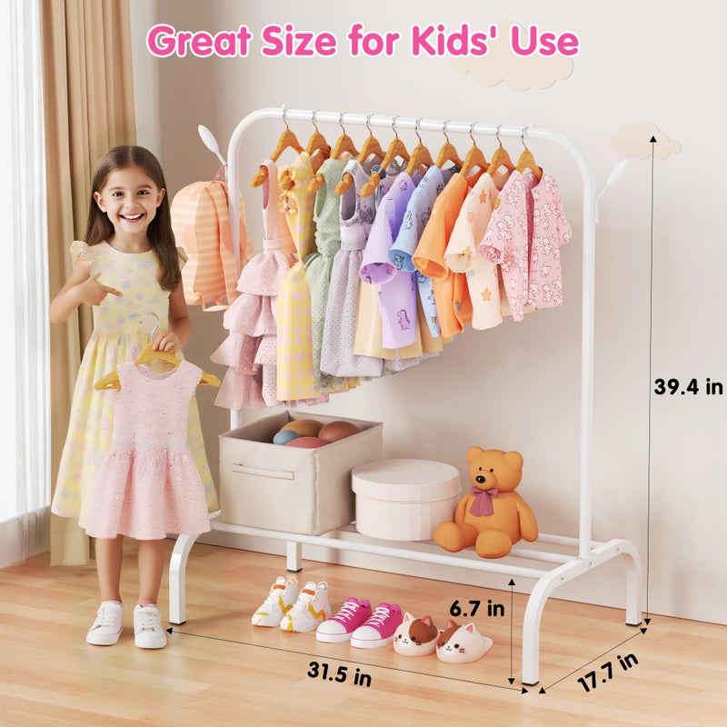 FLOUREE Upgraded Kids Clothing Rack - Dress Up Clothes Rack Baby Toddler Montessori Wardrobe- Small Portable Garment Racks with Storage Shelf and Hooks - for Costumes, Princess Dresses & Shoes, White - Image 3