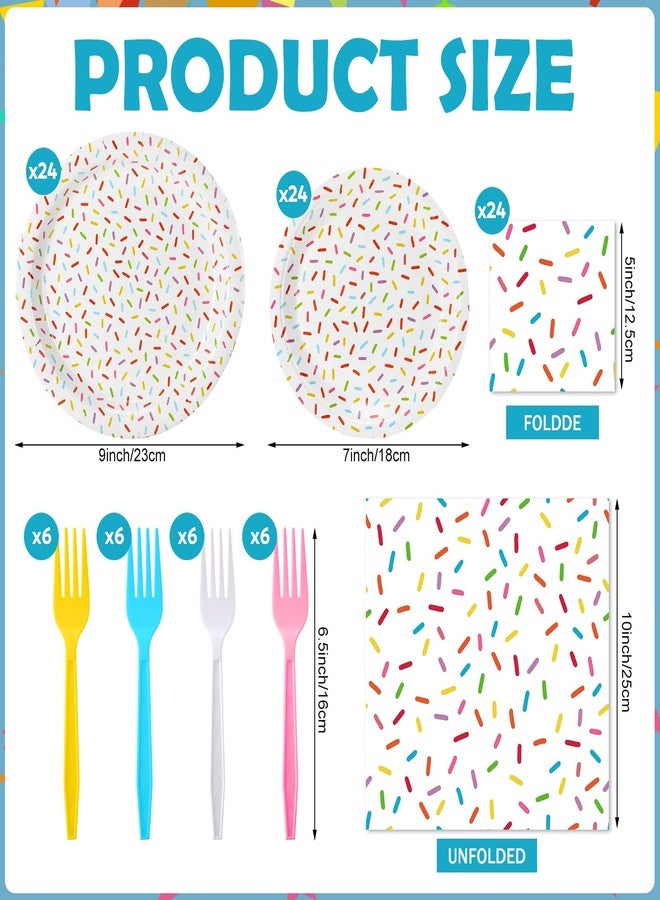Newtay 96 Pcs Donut Plates and Napkins Party Supplies Include Sprinkles Paper Plates, 2 Ply Cocktail Napkins, Plastic Forks Disposable Tableware for Baby Shower Birthday Party Decorations for 24 Guest - Image 2