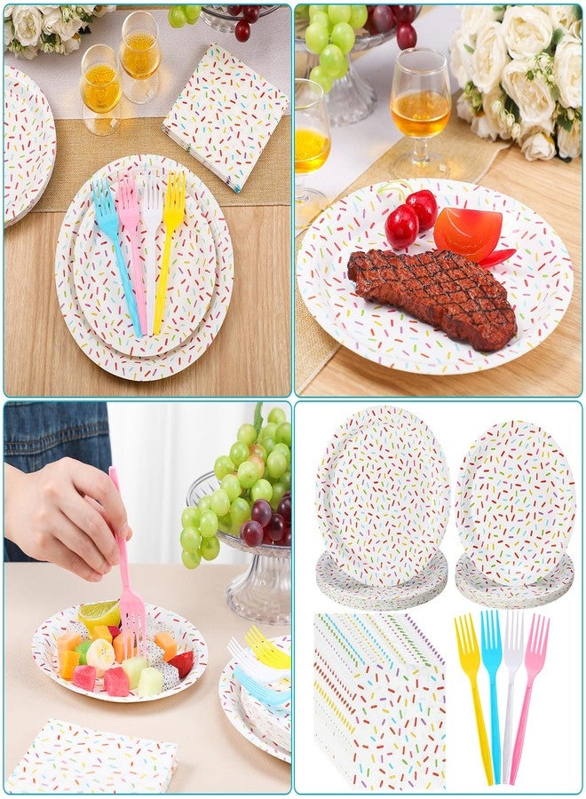 Newtay 96 Pcs Donut Plates and Napkins Party Supplies Include Sprinkles Paper Plates, 2 Ply Cocktail Napkins, Plastic Forks Disposable Tableware for Baby Shower Birthday Party Decorations for 24 Guest - Image 4