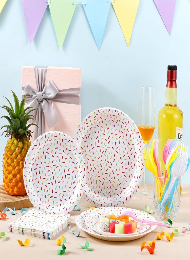 Newtay 96 Pcs Donut Plates and Napkins Party Supplies Include Sprinkles Paper Plates, 2 Ply Cocktail Napkins, Plastic Forks Disposable Tableware for Baby Shower Birthday Party Decorations for 24 Guest - Image 5
