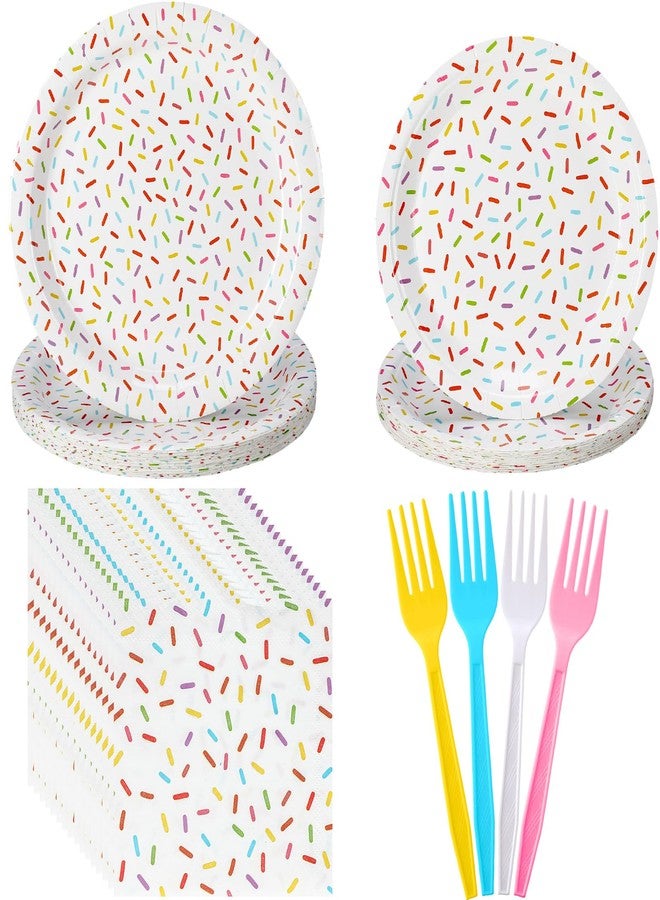 Newtay 96 Pcs Donut Plates and Napkins Party Supplies Include Sprinkles Paper Plates, 2 Ply Cocktail Napkins, Plastic Forks Disposable Tableware for Baby Shower Birthday Party Decorations for 24 Guest - Image 1