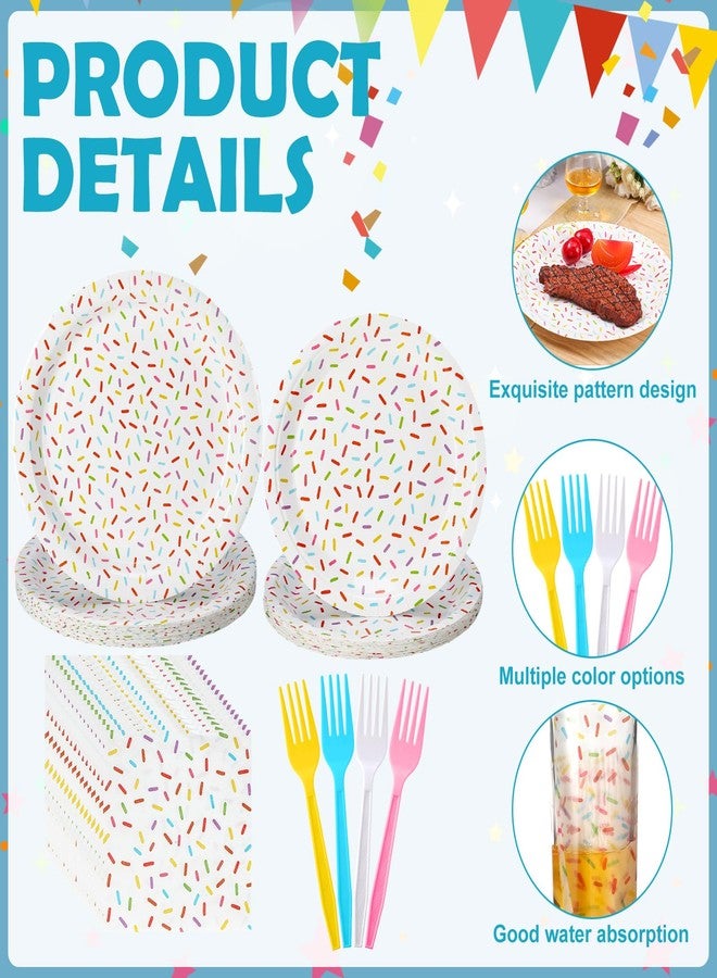 Newtay 96 Pcs Donut Plates and Napkins Party Supplies Include Sprinkles Paper Plates, 2 Ply Cocktail Napkins, Plastic Forks Disposable Tableware for Baby Shower Birthday Party Decorations for 24 Guest - Image 3