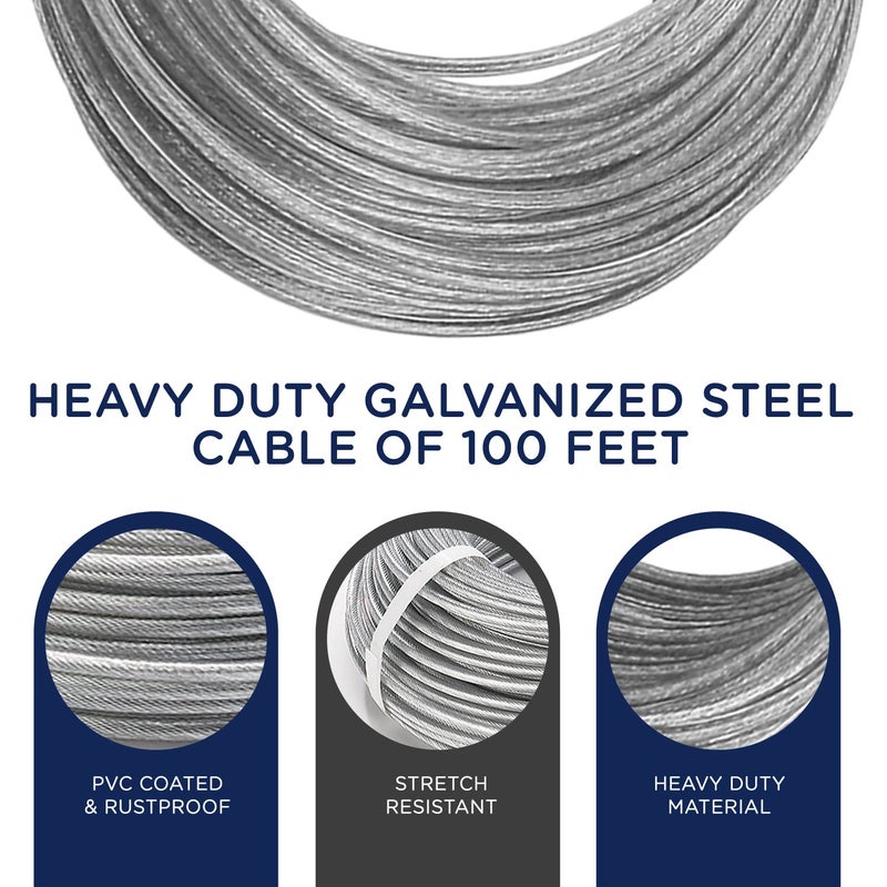 Strata Clothesline Outdoor Super Heavy Duty Kit - 150ft Galvanized Wire Silver PVC Coating, 6.5" Clothes line Pulley 2pcs, Metal Mini Winch Tightener 1pc, Plastic Spreader/Spacer 1pc & 2 Metal Hooks - Image 3