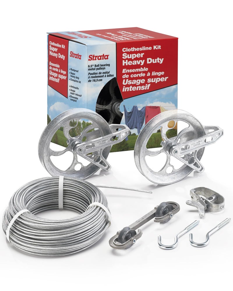 Strata Clothesline Outdoor Super Heavy Duty Kit - 150ft Galvanized Wire Silver PVC Coating, 6.5" Clothes line Pulley 2pcs, Metal Mini Winch Tightener 1pc, Plastic Spreader/Spacer 1pc & 2 Metal Hooks - Image 1