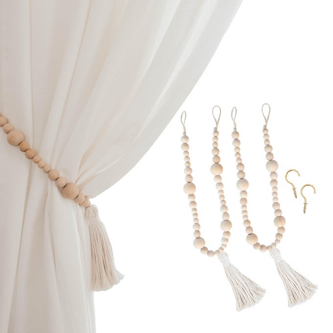 BOHO CURTAIN TIEBACKS HOLDER WOOD BEADED WINDOW TREATMENT CURTAIN HOLDERS WITH TASSELS METER HOOKS FOR DECORATIVE BEDROOM LIVING ROOM SET OF 2 TIEBACK 24 INCHES