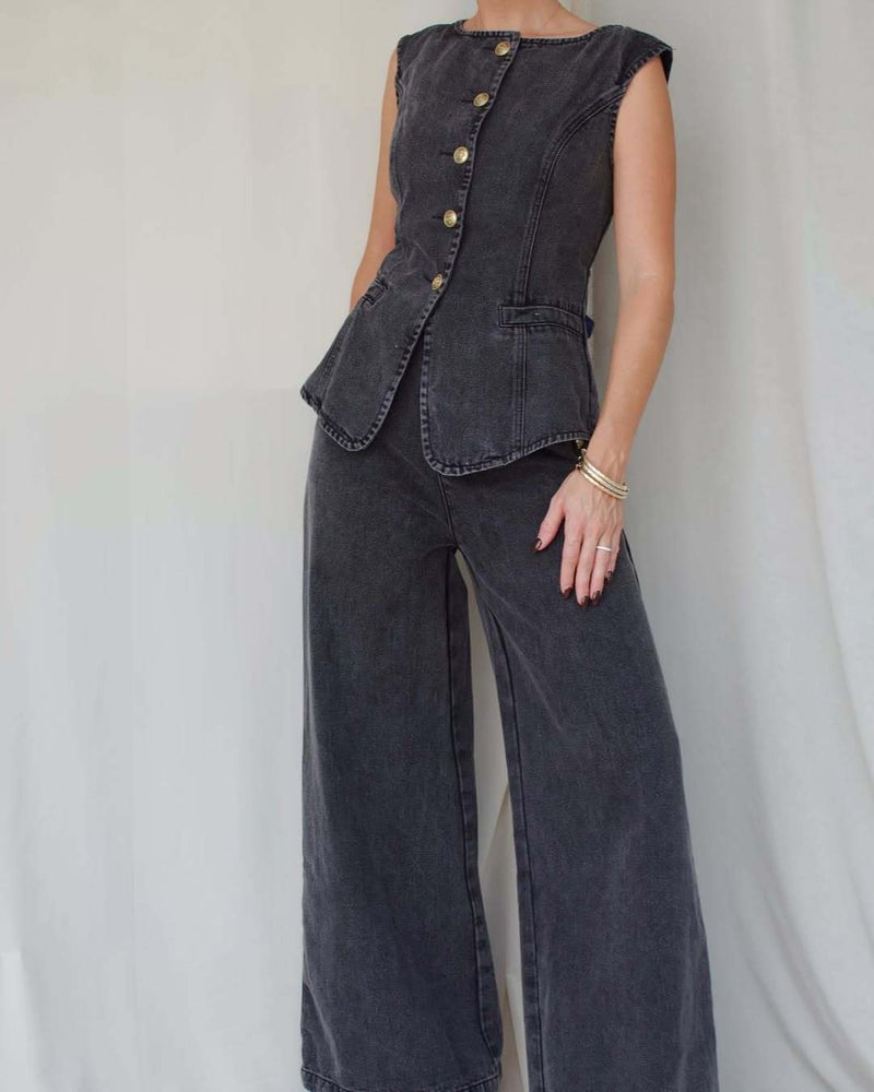 2025 Fashionable Washed Sleeveless Vest Pants Suit High-Waist Slim Denim Pants Wide-Leg Pants For Women - Image 1