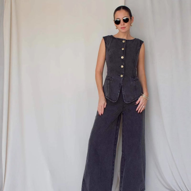 2025 Fashionable Washed Sleeveless Vest Pants Suit High-Waist Slim Denim Pants Wide-Leg Pants For Women - Image 5