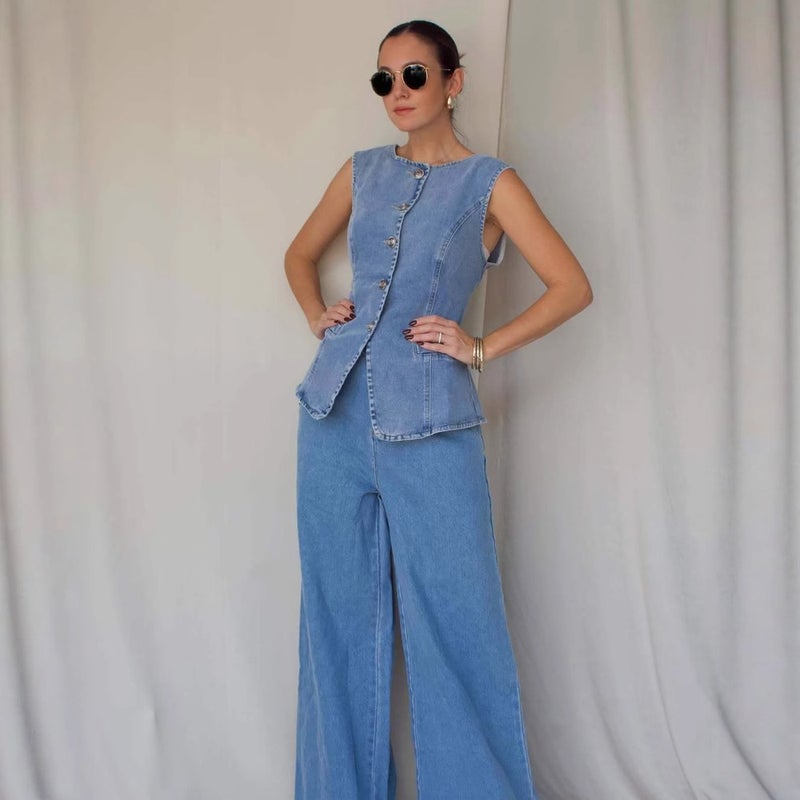 2025 Fashionable Washed Sleeveless Vest Pants Suit High-Waist Slim Denim Pants Wide-Leg Pants For Women - Image 3