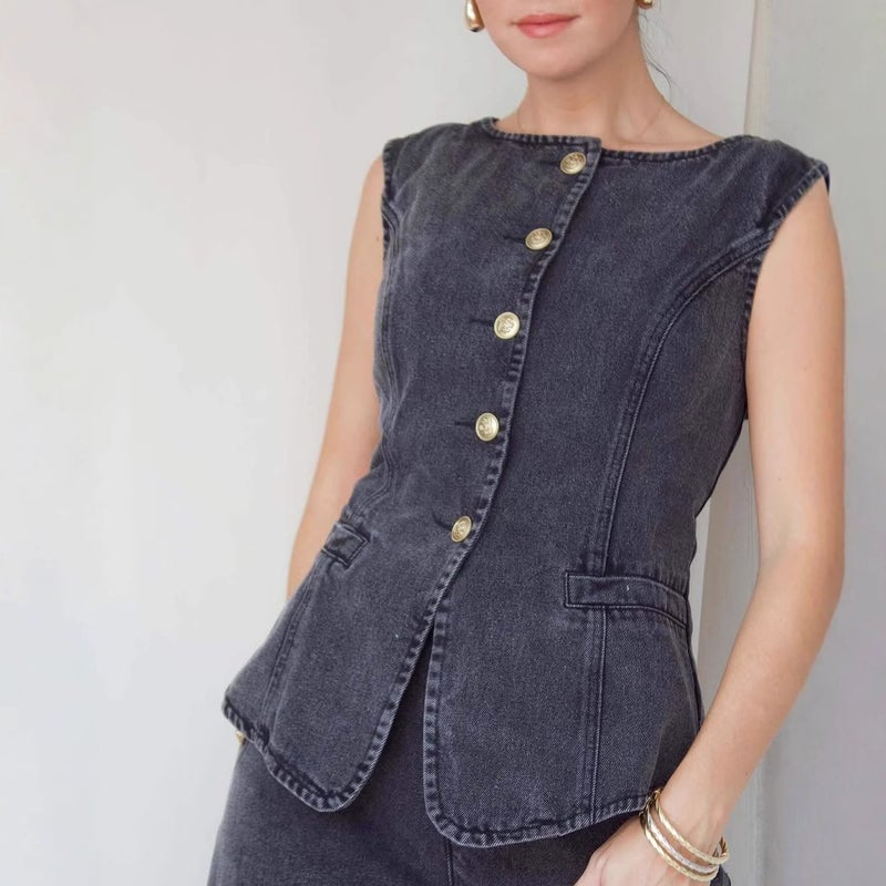 2025 Fashionable Washed Sleeveless Vest Pants Suit High-Waist Slim Denim Pants Wide-Leg Pants For Women - Image 4