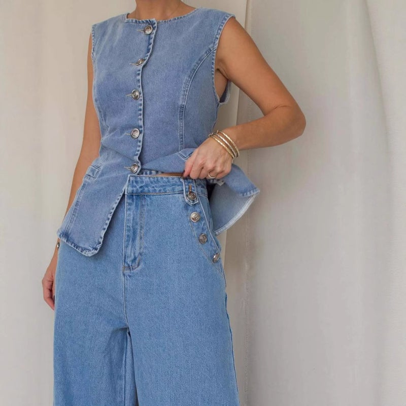 2025 Fashionable Washed Sleeveless Vest Pants Suit High-Waist Slim Denim Pants Wide-Leg Pants For Women - Image 2