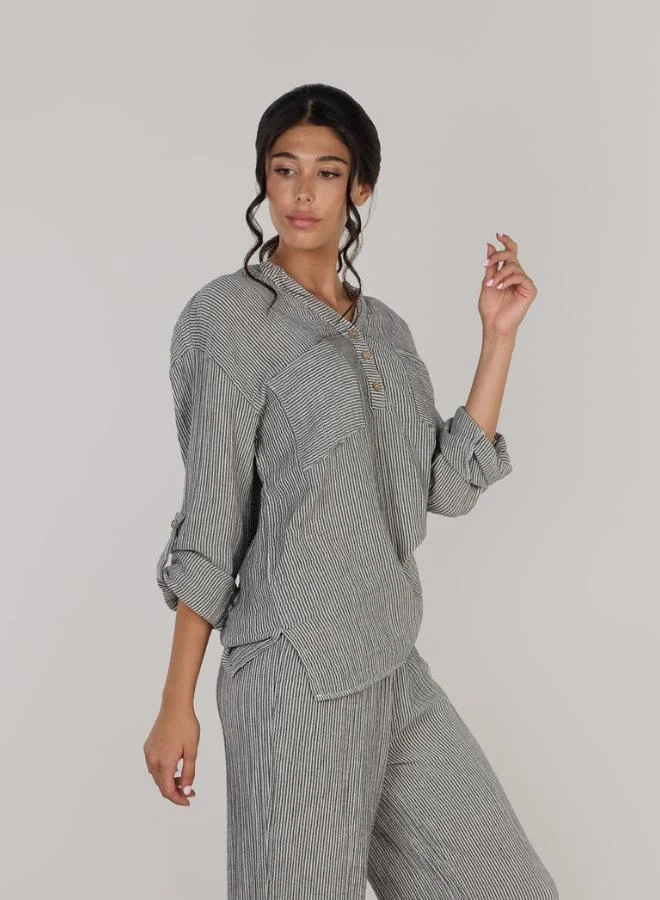 Just Nature Striped Relaxed V-Neck Long Sleeve Top for Women | Best Price UAE