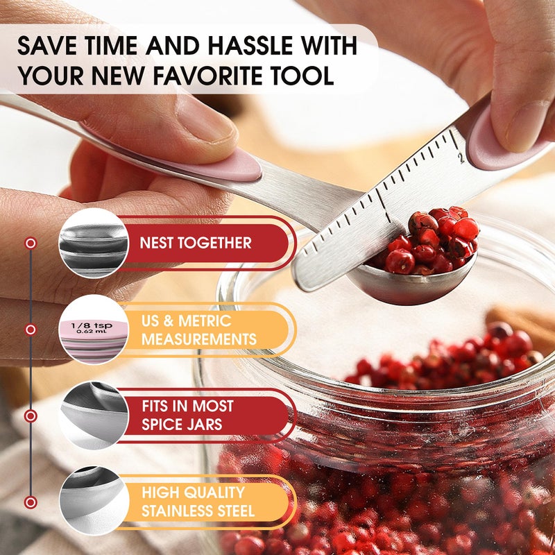 Spring Chef Stainless Steel Magnetic Measuring Spoons Set of 8 with Leveler, Dual Sided Teaspoon & Tablespoon Measuring Spoons with Strong Magnets, Kitchen Gadgets for Baking & Cooking - Pink Lemonade - Image 2