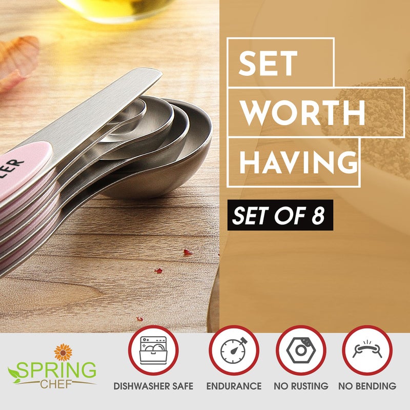Spring Chef Stainless Steel Magnetic Measuring Spoons Set of 8 with Leveler, Dual Sided Teaspoon & Tablespoon Measuring Spoons with Strong Magnets, Kitchen Gadgets for Baking & Cooking - Pink Lemonade - Image 4