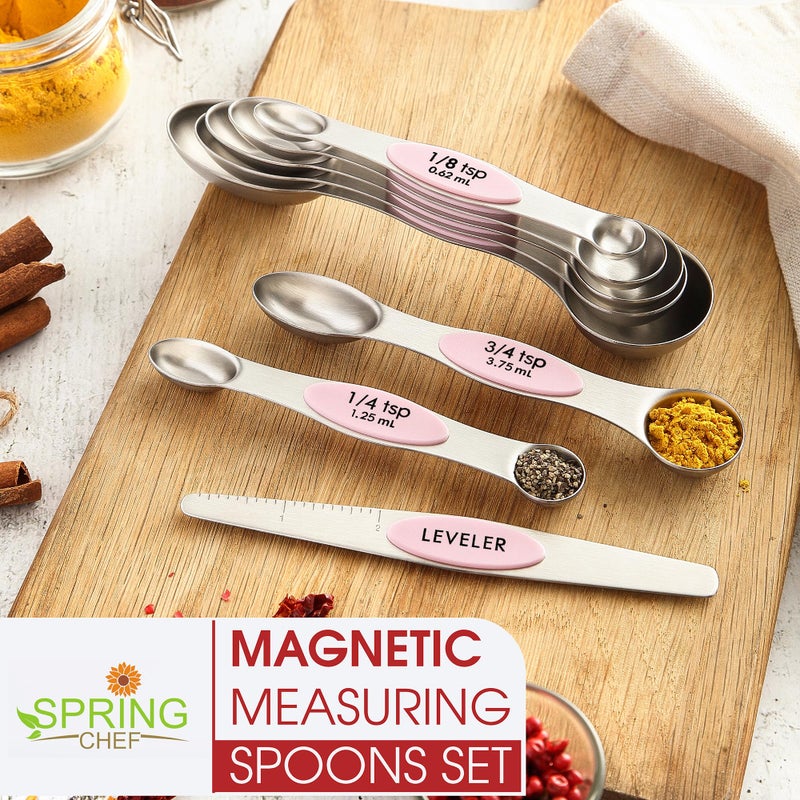 Spring Chef Stainless Steel Magnetic Measuring Spoons Set of 8 with Leveler, Dual Sided Teaspoon & Tablespoon Measuring Spoons with Strong Magnets, Kitchen Gadgets for Baking & Cooking - Pink Lemonade - Image 3