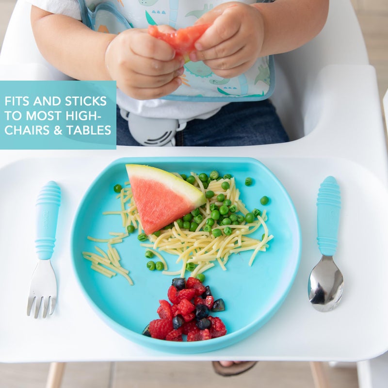 Bumkins Toddler and Baby Suction Plate, Silicone Grip Plate for Babies and Kids, Baby Led Weaning, Children Feeding Supplies, Non Skid Sticky Bottom, Platinum Silicone, Ages 6 Months Up, Blue - Image 3