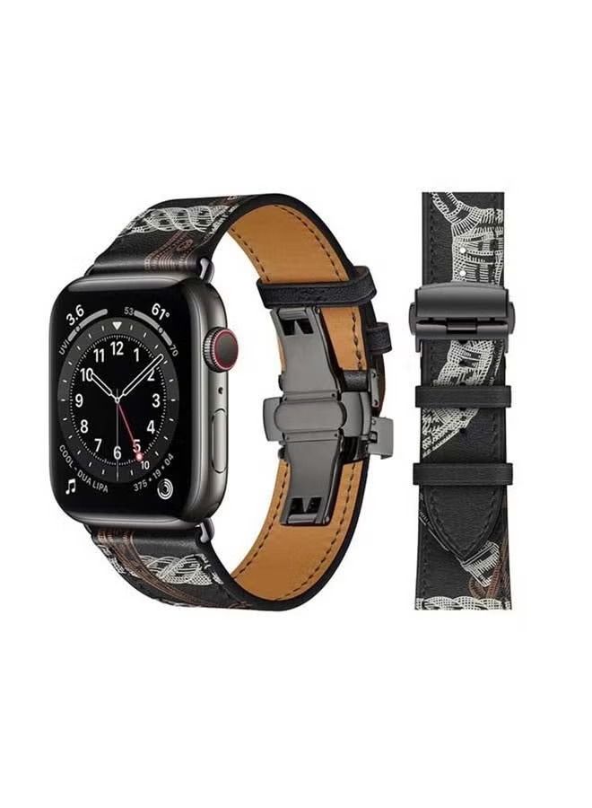 إيف سوار بديل من الجلد الطبيعي بإبزيم أسود لسلسلة ساعات أبل 6 / SE / 5/4/3/2/1 44 / 42mm أسود / أبيض