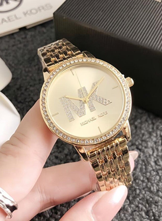 مايكل كورس كلاسيكي للرجال والنساء الموضة متعددة الوظائف سبيكة جولة الكوارتز ساعة الفولاذ المقاوم للصدأ حزام 35 سم