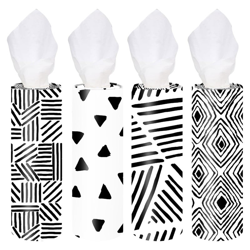 Generic VIYNRAN 4-Pack Car Tissue Cylinders - Modern Black Line Design, Fits Car Cup Holders, Travel Tissue Tubes with Facial Tissues (Black & White) - Image 1