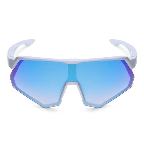 Dervin One Piece Shield Sports Oversized Visor Non Polarized Sunglasses for Men Women, Outdoor Cricket Cycling Hiking Fishing Sunglasses (White-Blue) - Image 2