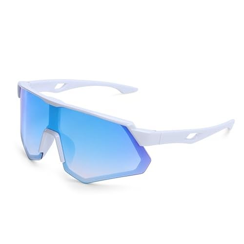 Dervin One Piece Shield Sports Oversized Visor Non Polarized Sunglasses for Men Women, Outdoor Cricket Cycling Hiking Fishing Sunglasses (White-Blue) - Image 1