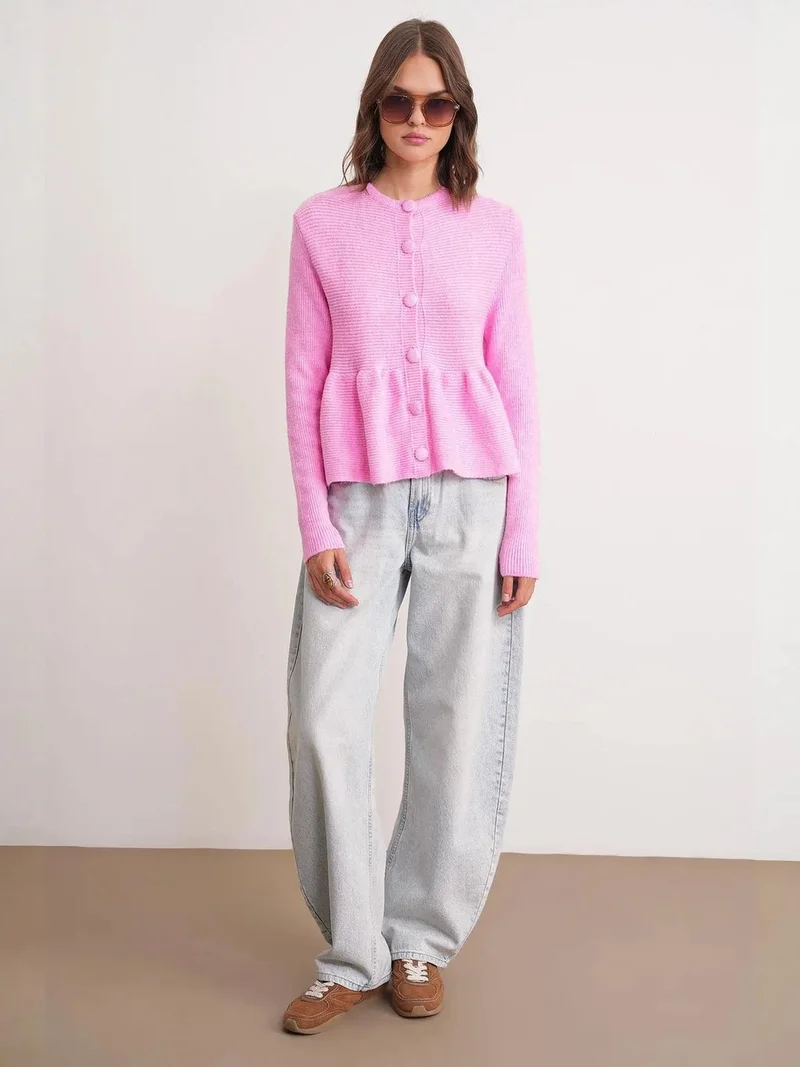 MixRay Mixray Frilly Knitwear Cardigan with Crew Neck