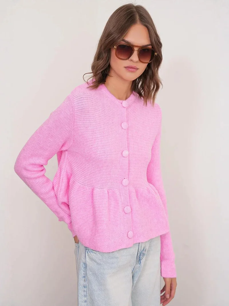 MixRay Mixray Frilly Knitwear Cardigan with Crew Neck