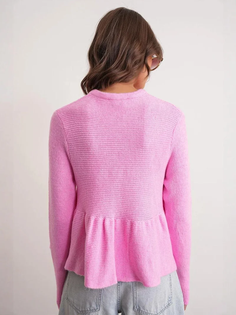 MixRay Powder Pink Mixray Frilly Knitwear Cardigan with Crew Neck for Women | Best Price UAE