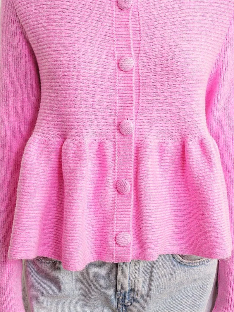 MixRay Powder Pink Mixray Frilly Knitwear Cardigan with Crew Neck for Women | Best Price UAE
