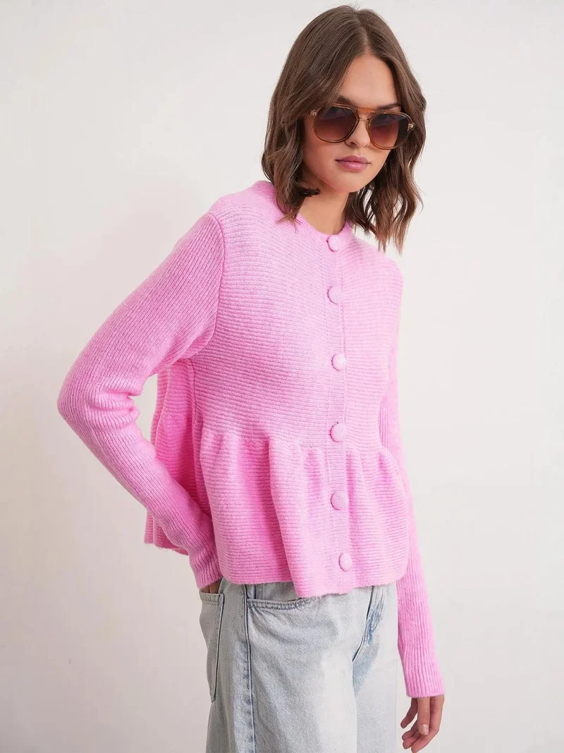MixRay Powder Pink Mixray Frilly Knitwear Cardigan with Crew Neck for Women | Best Price UAE