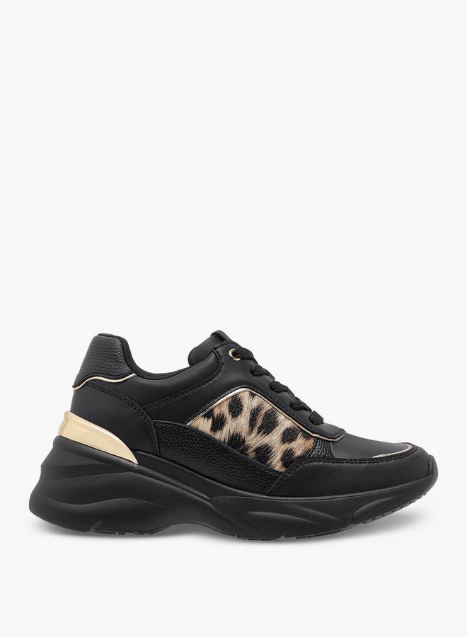 Women's Animal Print Sneakers with Lace-Up Closure and Chunky Heels