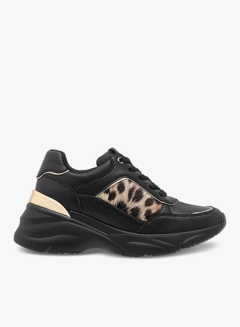Flora Bella By Shoexpress Women's Animal Print Sneakers with Lace-Up Closure and Chunky Heels