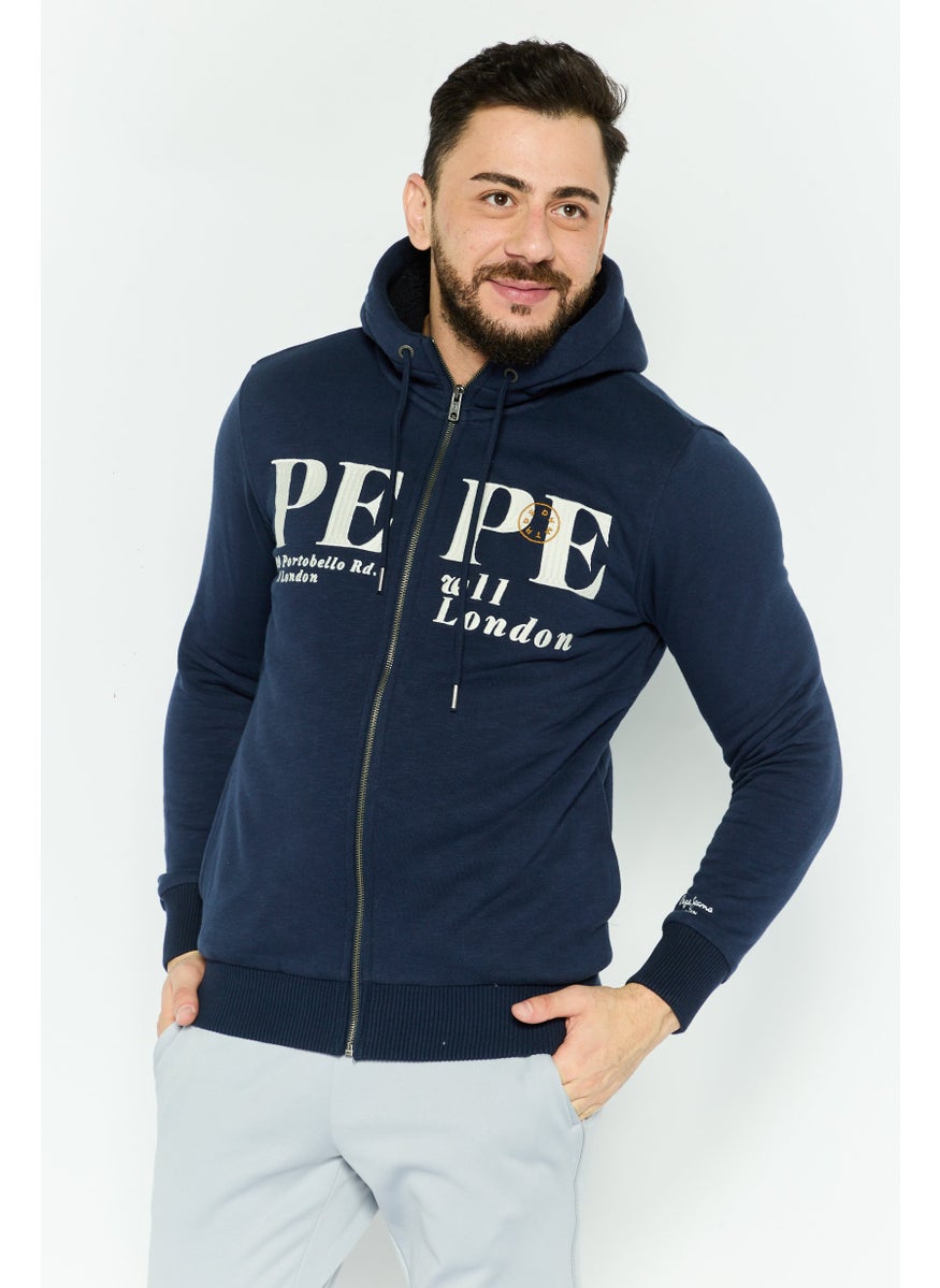 Pepe Jeans Men Hooded Long Sleeve Embroidered Full Zip Sweatshirt, Navy  - Image 1