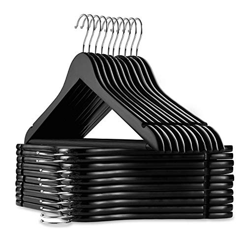 ZEPOLI Wooden Hanger for Clothes Hanging Wardrobe | Water Resistant and Moist Free | Non-Slip Bar and Precisely Cut Notches, 360 Degree Swivel Chrome Hook (12 Pack, Black) - Image 1