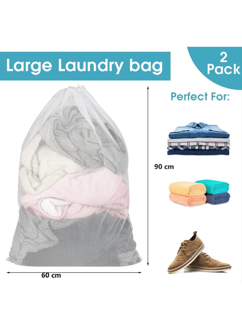 Amber Home 2 Pack Mesh Laundry Bags, 60x90 cm Sturdy Mesh Laundry Bag, Large Laundry Drawstring Bag for Washing Clothes Nylon Bag for College, Dorm, Travel, Family and Apartment Dwellers, White - Image 2