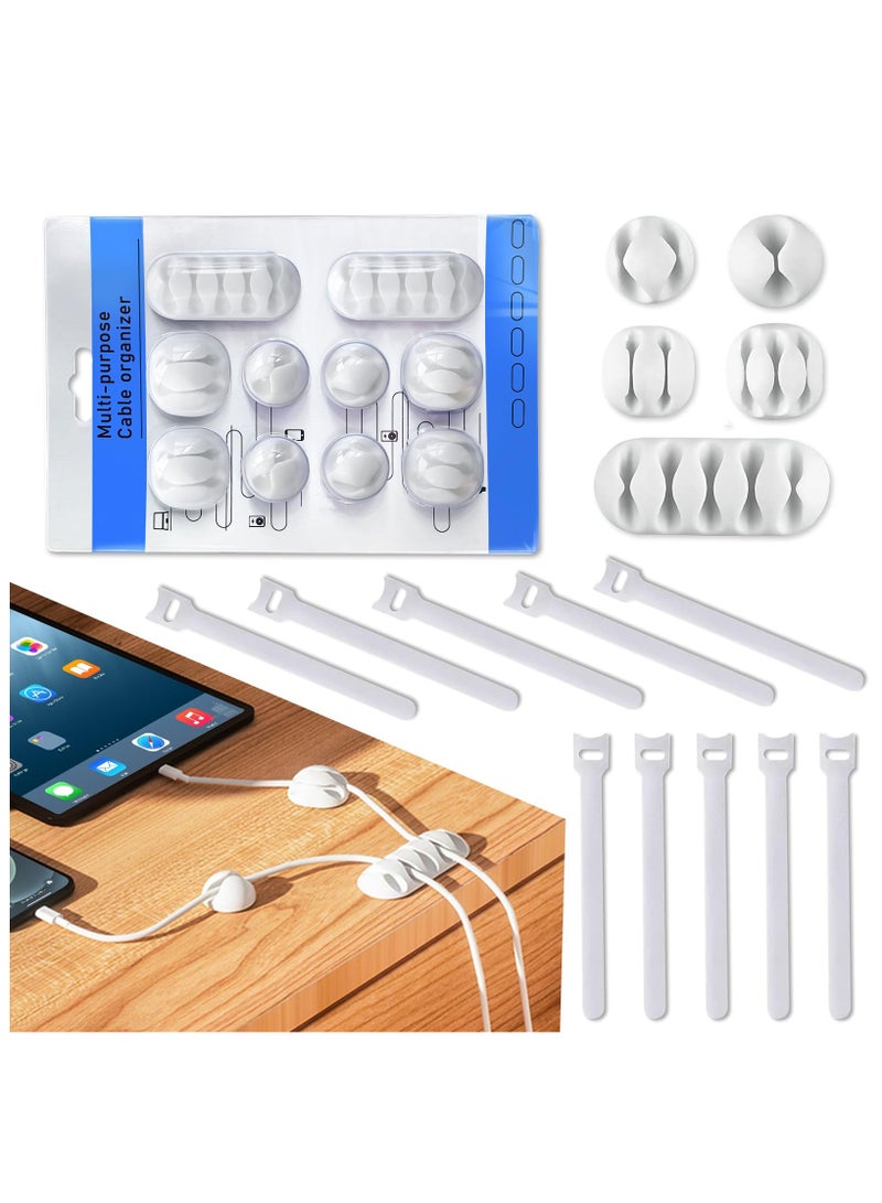 SYOSI Cable Holder Clips 10Pcs, Cable Clips Ties Straps10Pcs, Management Self Adhesive Cable Tidy Wire Clips, Desktop Wire Holder, Cord Organizer for Car, Office and Home Holder Cord Organiser -White - Image 1