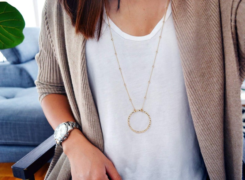 SOFYBJA 18K Gold Plated Circle Pendant Necklace Long Satellite Beaded Chain Jewelry for Women Dainty Hammered Karma Open Circle Charm Geometric Necklace - Image 2
