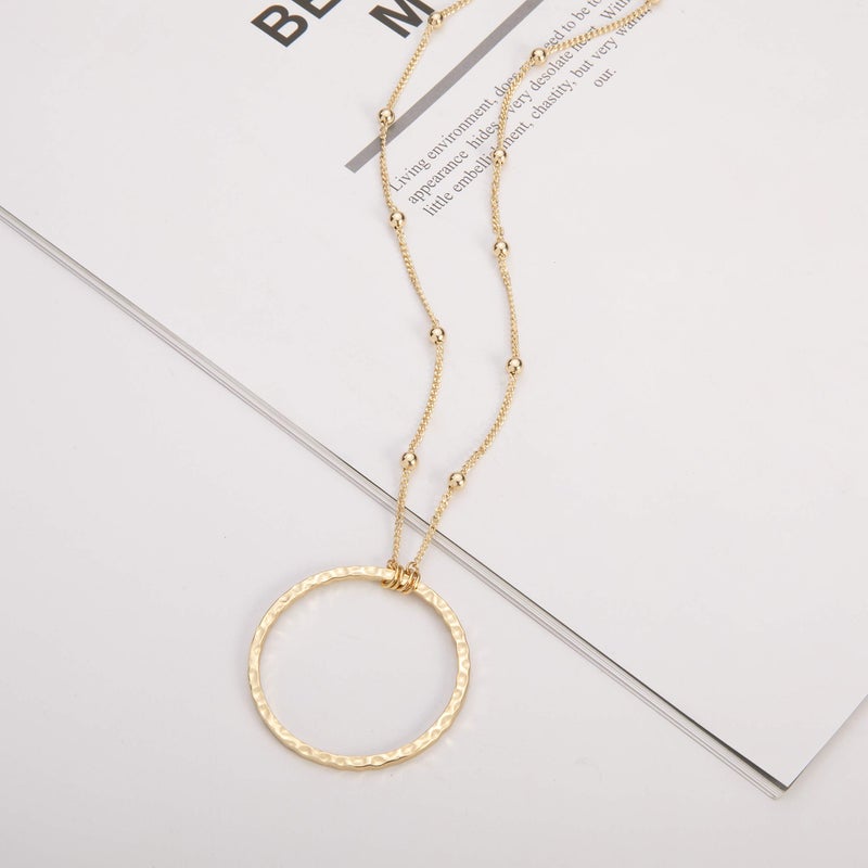 SOFYBJA 18K Gold Plated Circle Pendant Necklace Long Satellite Beaded Chain Jewelry for Women Dainty Hammered Karma Open Circle Charm Geometric Necklace - Image 4