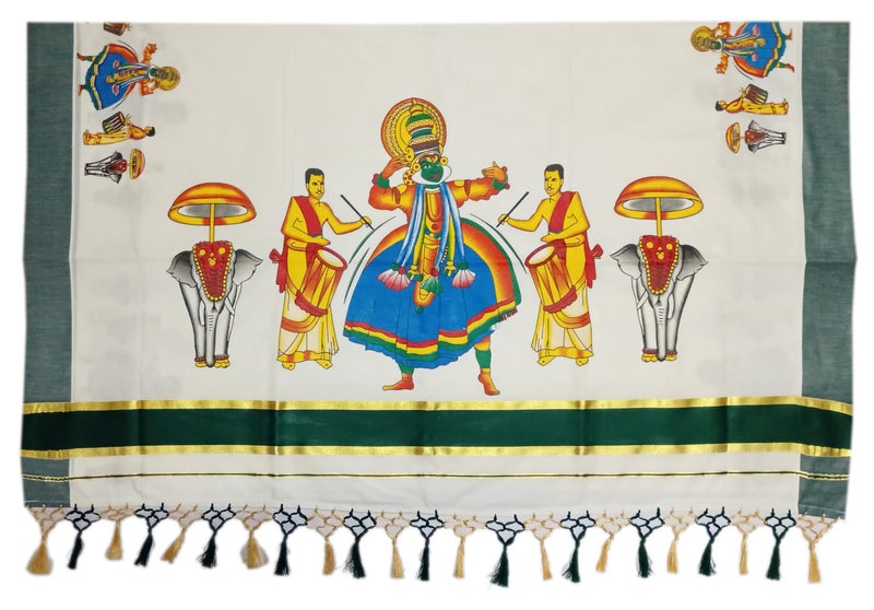 YETTALAN® Women’s Kuthampully Cotton Kerala Saree with Mural Print and Kunchalam Tassels | Traditional Kasavu Saree for Weddings Festivals Temple Visits & Cultural Functions (Kathakali) - Image 4