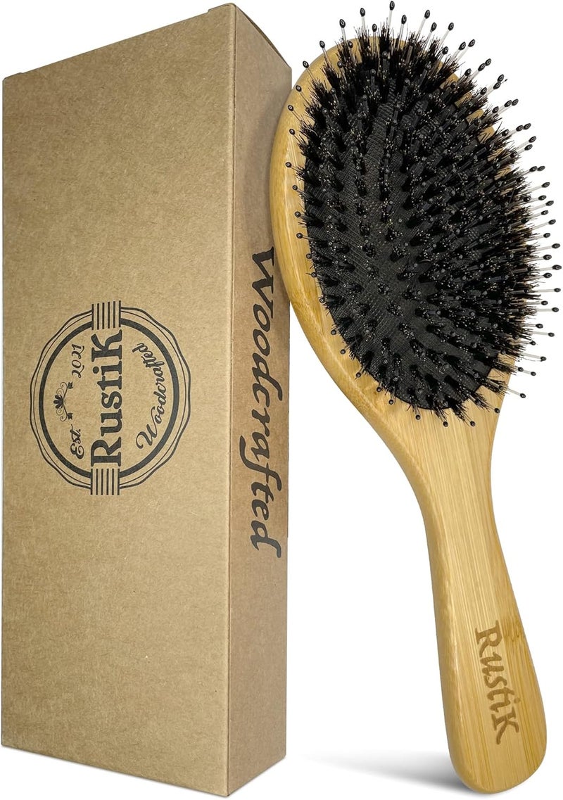 Boar Bristle Oval Hair Brush by RustiK Bamboo Eco Friendly Detangling Nylon Soft Pin Scalp Massaging Anti Static Paddle Brush Woodcrafted For Men and Women
